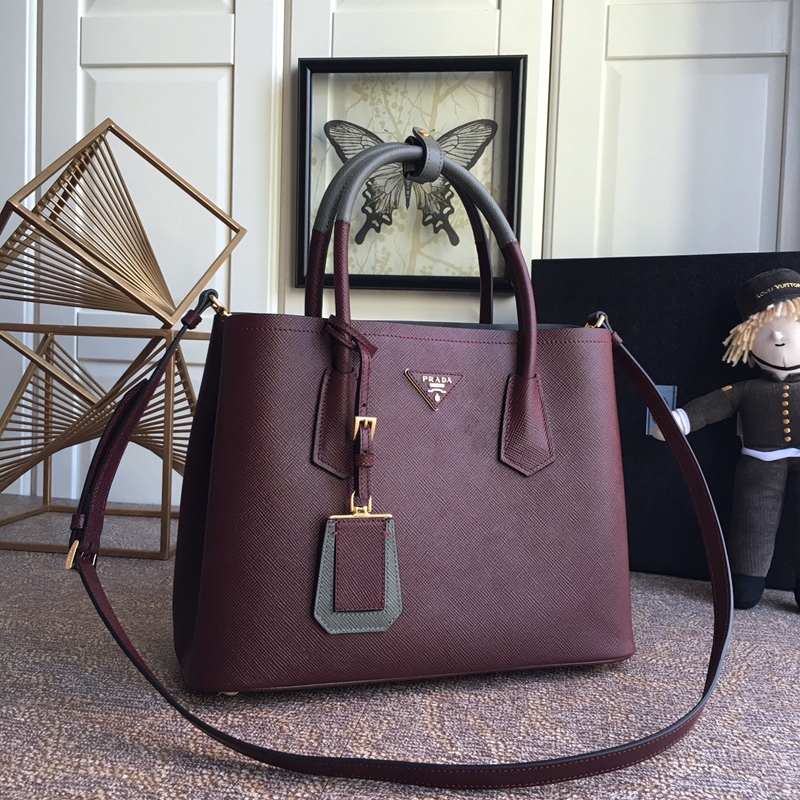 Prada Double Saffiano Leather Bag Shoulder Bag Maroon 1BG775